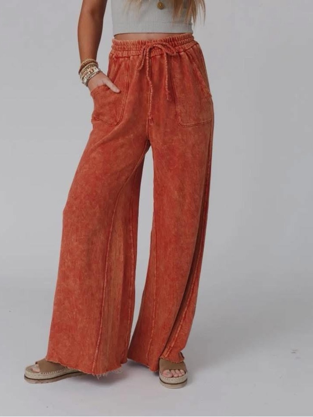Three Bird Nest Wide Leg Drawstring Pants in Rust Orange